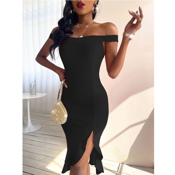 Off Shoulder Black Ruffle Detail Mermaid Dress - Picture 6 of 7